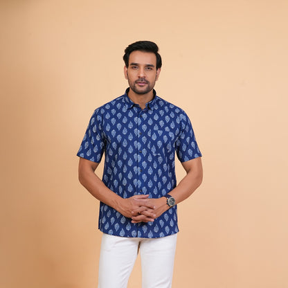 Indigo Leaf Print Cotton Shirt