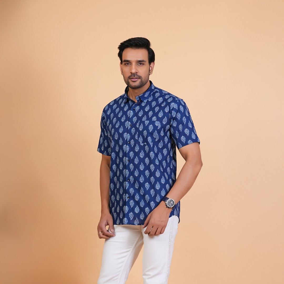 Indigo Leaf Print Cotton Shirt