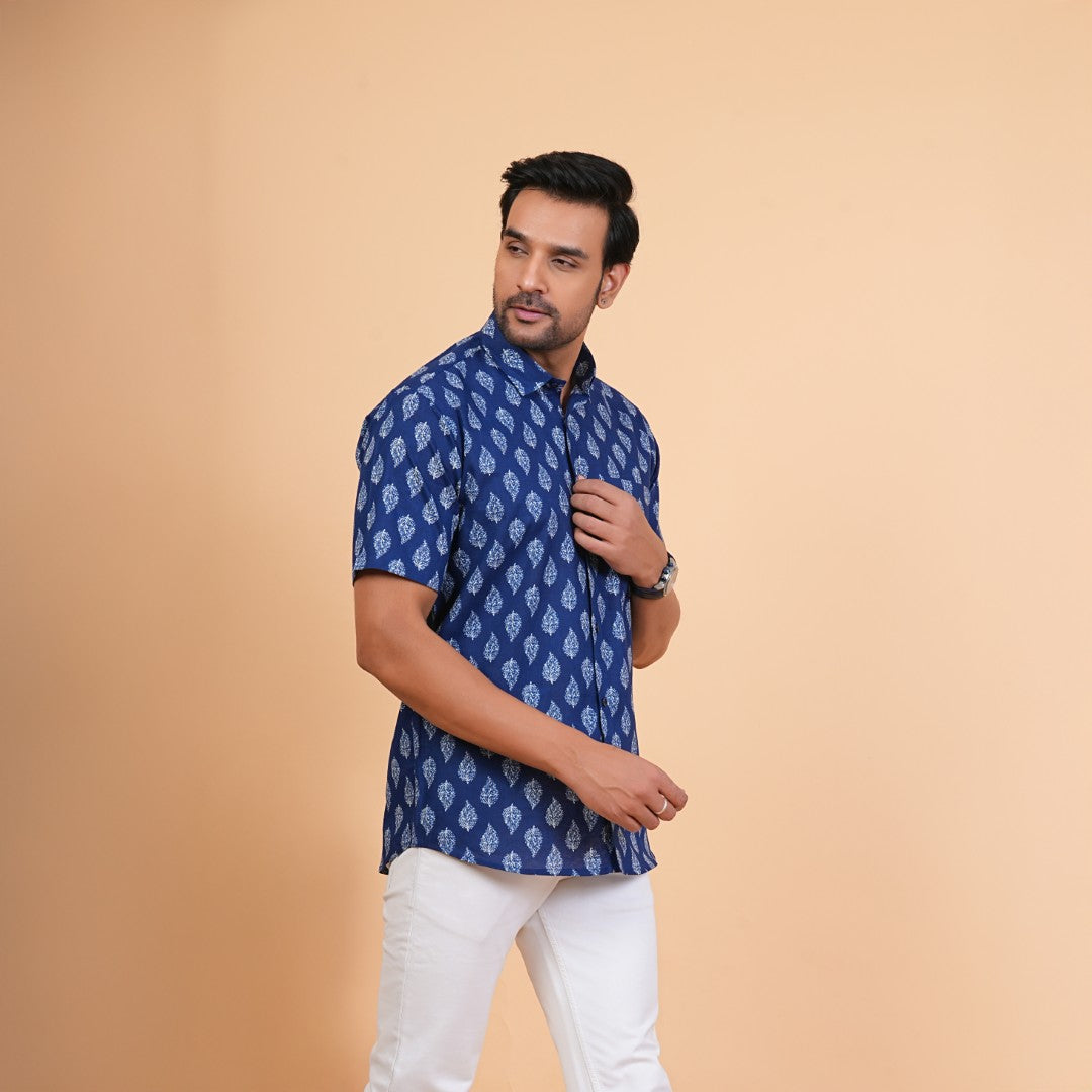 Indigo Leaf Print Cotton Shirt