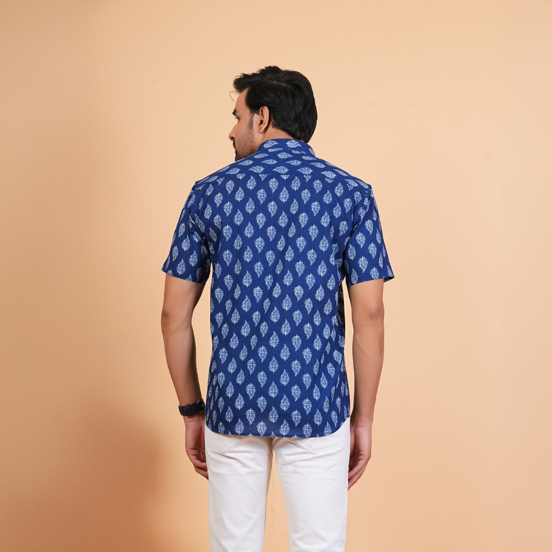 Indigo Leaf Print Cotton Shirt