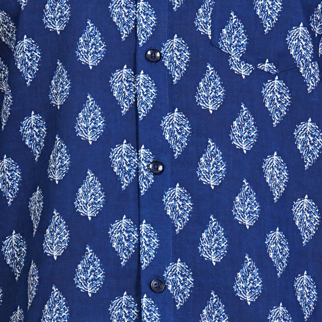 Indigo Leaf Print Cotton Shirt