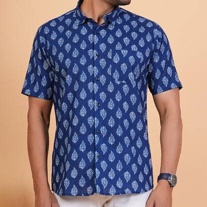 Indigo Leaf Print Cotton Shirt
