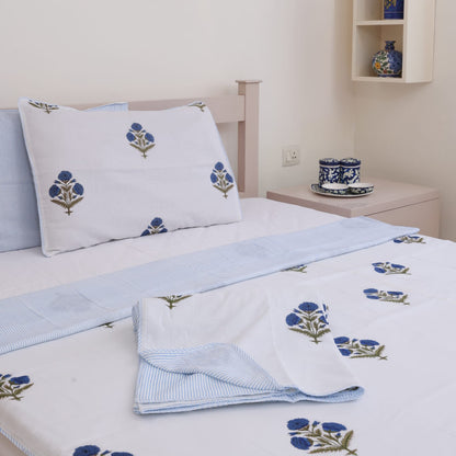 Blue Poppy Reversible Cotton Dohar with Pillow Covers
