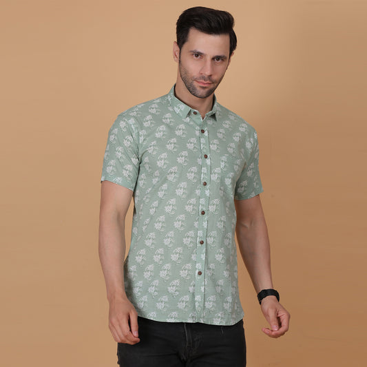 Men's Mint Green Cotton Half-Sleeve Shirt with Floral Print