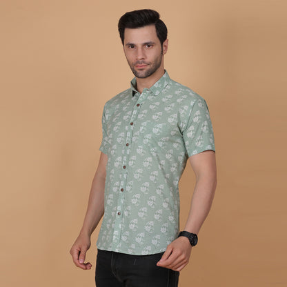 Men's Mint Green Cotton Half-Sleeve Shirt with Floral Print