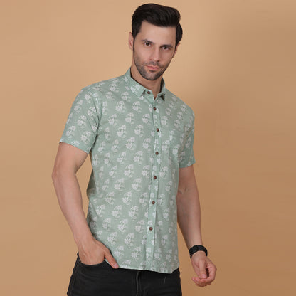 Men's Mint Green Cotton Half-Sleeve Shirt with Floral Print