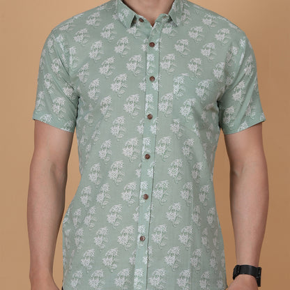 Men's Mint Green Cotton Half-Sleeve Shirt with Floral Print