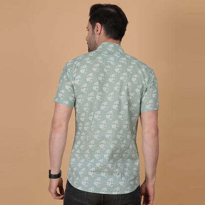 Men's Mint Green Cotton Half-Sleeve Shirt with Floral Print