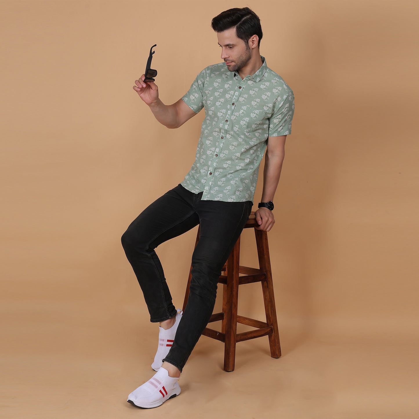 Men's Mint Green Cotton Half-Sleeve Shirt with Floral Print