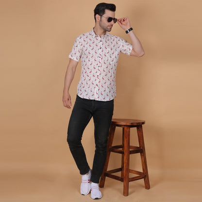 Men's White Cotton Half-Sleeve Shirt with Flamingo Print