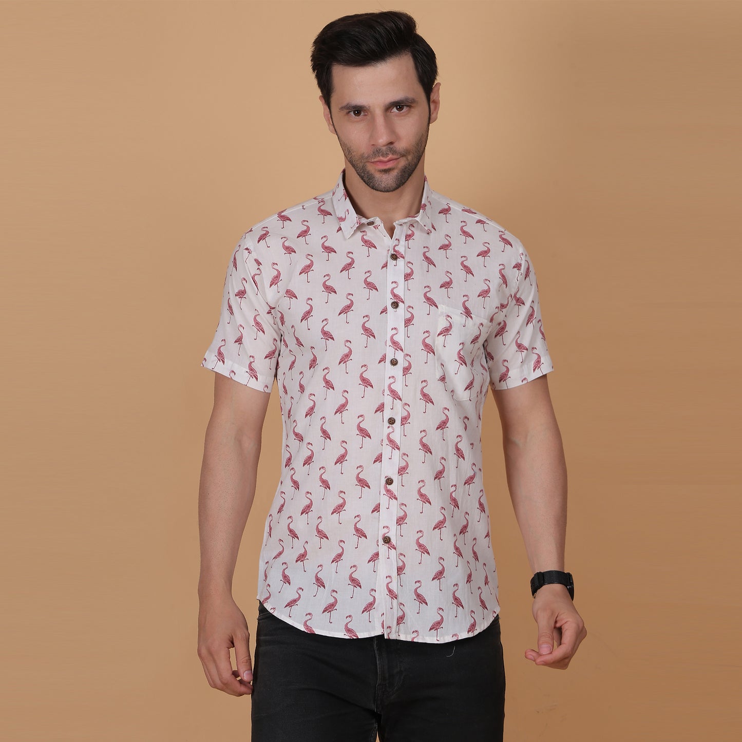 Men's White Cotton Half-Sleeve Shirt with Flamingo Print