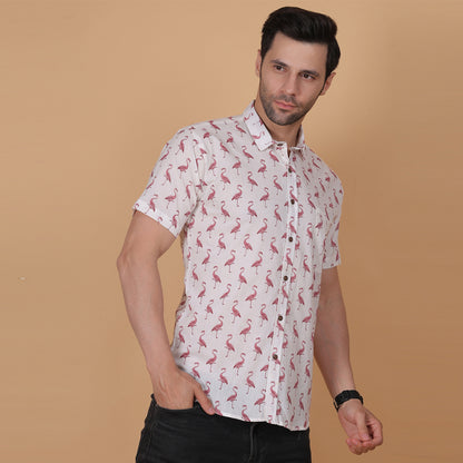 Men's White Cotton Half-Sleeve Shirt with Flamingo Print