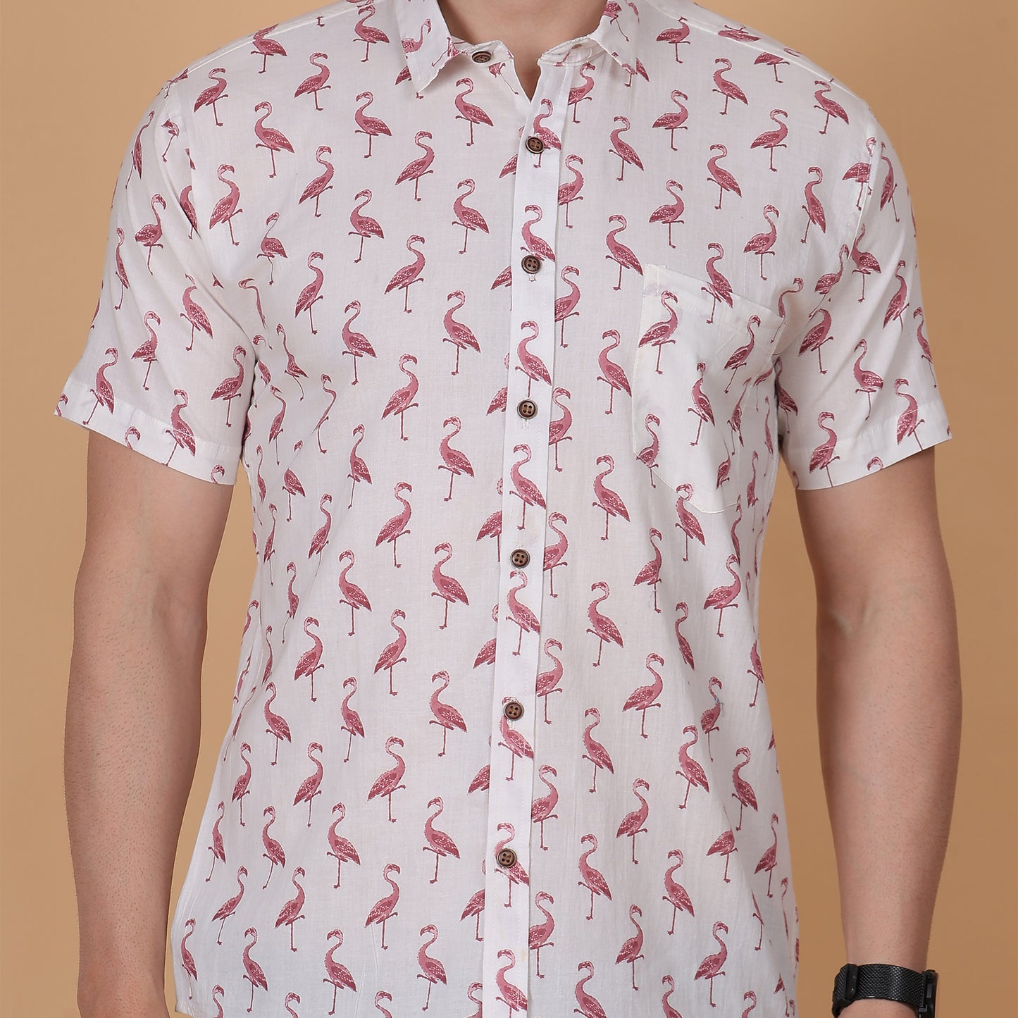 Men's White Cotton Half-Sleeve Shirt with Flamingo Print