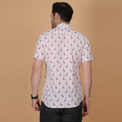 Men's White Cotton Half-Sleeve Shirt with Flamingo Print