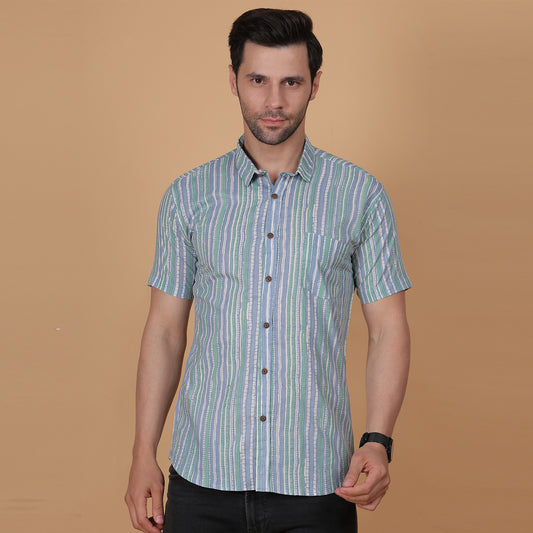 Men's Green & Grey Striped Cotton Half-Sleeve Shirt