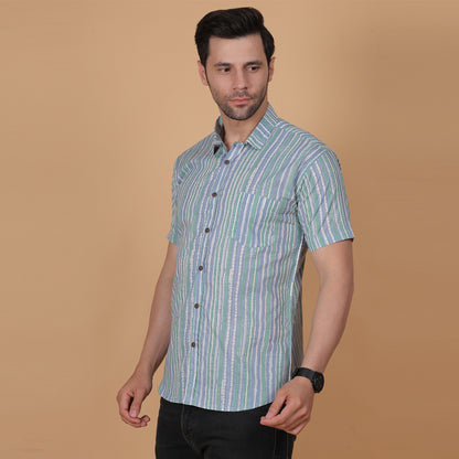 Men's Green & Grey Striped Cotton Half-Sleeve Shirt