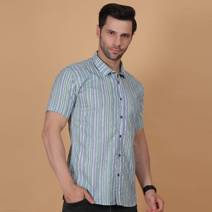 Men's Green & Grey Striped Cotton Half-Sleeve Shirt