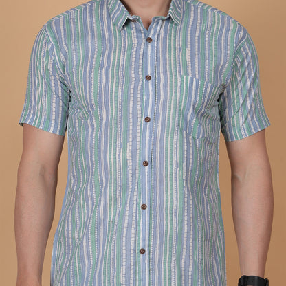 Men's Green & Grey Striped Cotton Half-Sleeve Shirt
