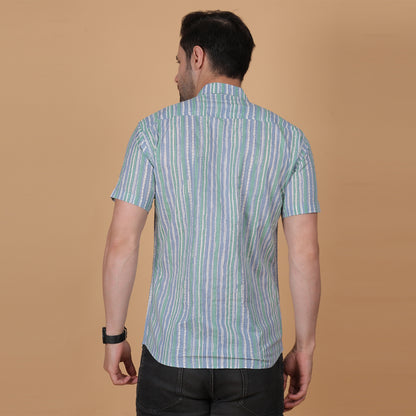 Men's Green & Grey Striped Cotton Half-Sleeve Shirt