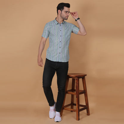 Men's Green & Grey Striped Cotton Half-Sleeve Shirt