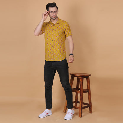 Men's Mustard Screen-Printed Cotton Half-Sleeve Shirt