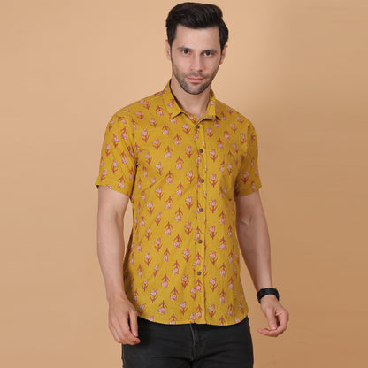 Men's Mustard Screen-Printed Cotton Half-Sleeve Shirt