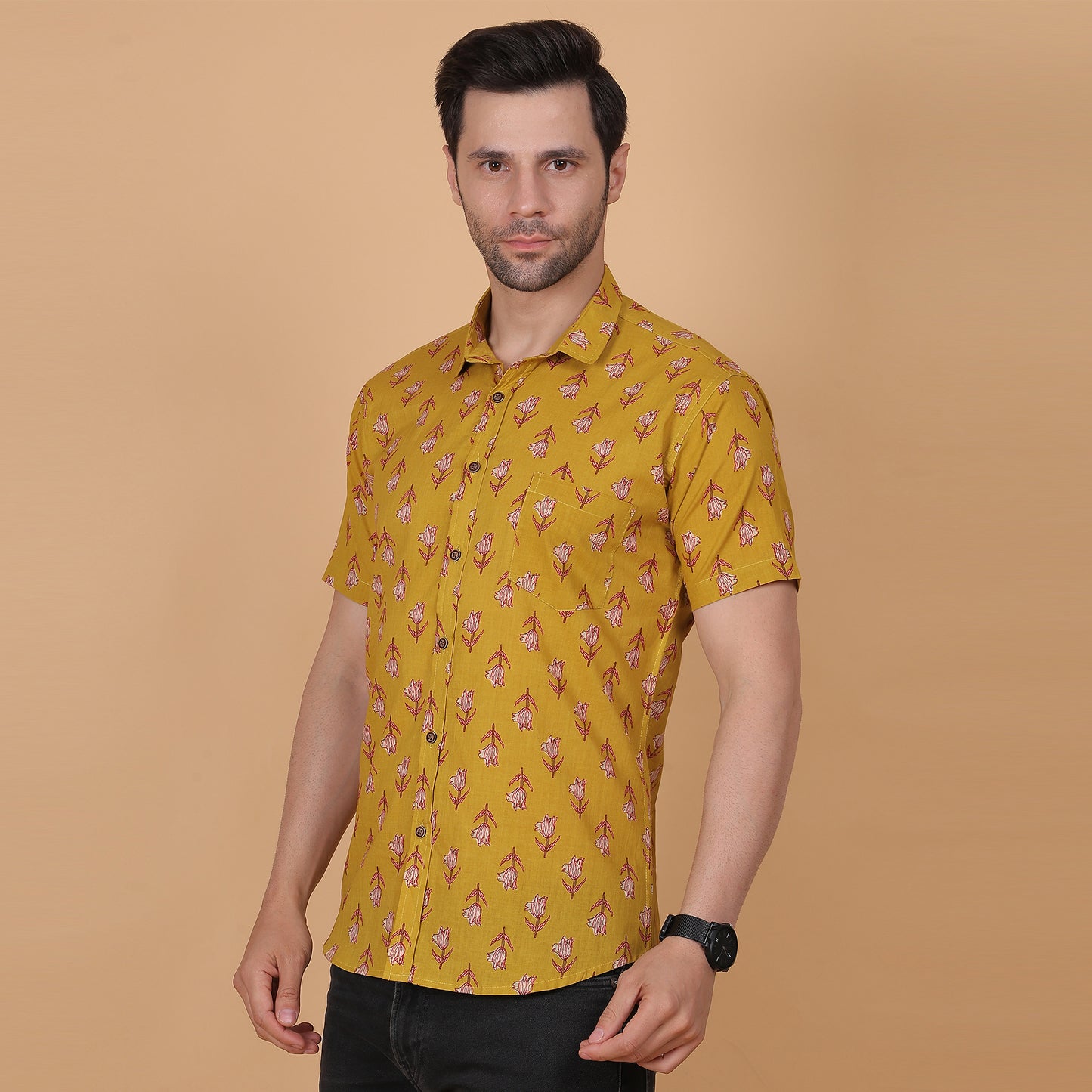 Men's Mustard Screen-Printed Cotton Half-Sleeve Shirt