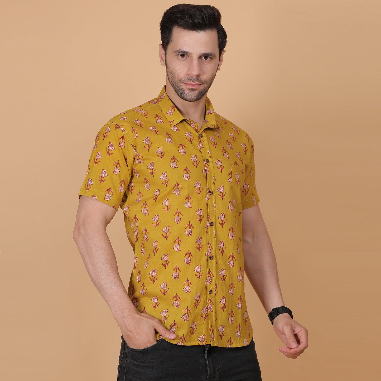 Men's Mustard Screen-Printed Cotton Half-Sleeve Shirt