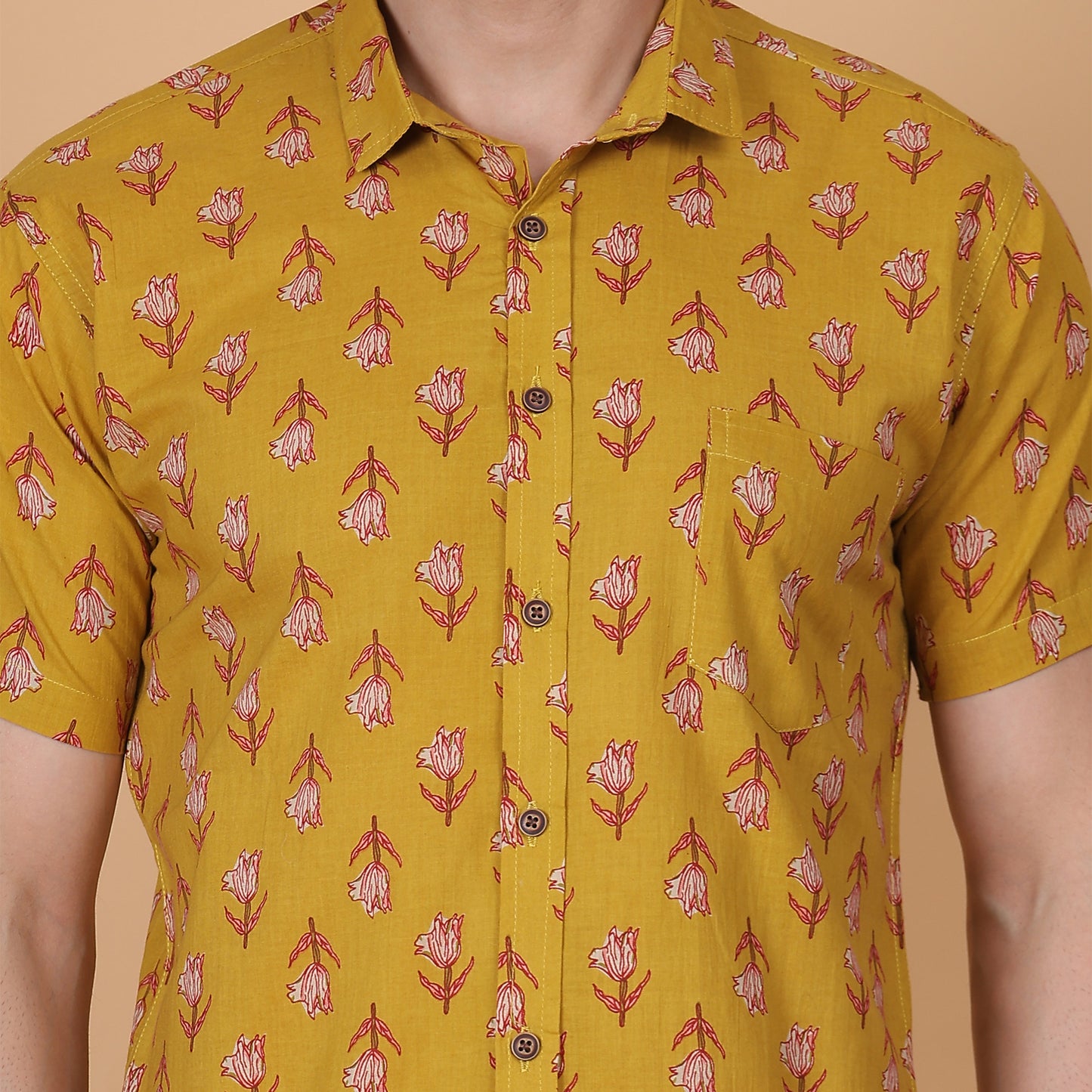 Men's Mustard Screen-Printed Cotton Half-Sleeve Shirt