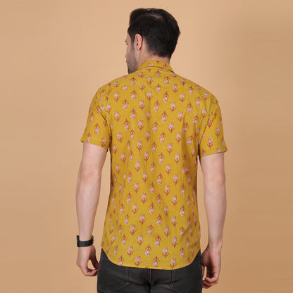 Men's Mustard Screen-Printed Cotton Half-Sleeve Shirt