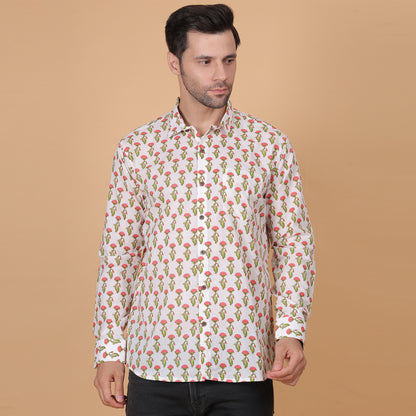 Men's Full-Sleeve Cotton Shirt with Peach Floral Screen Print