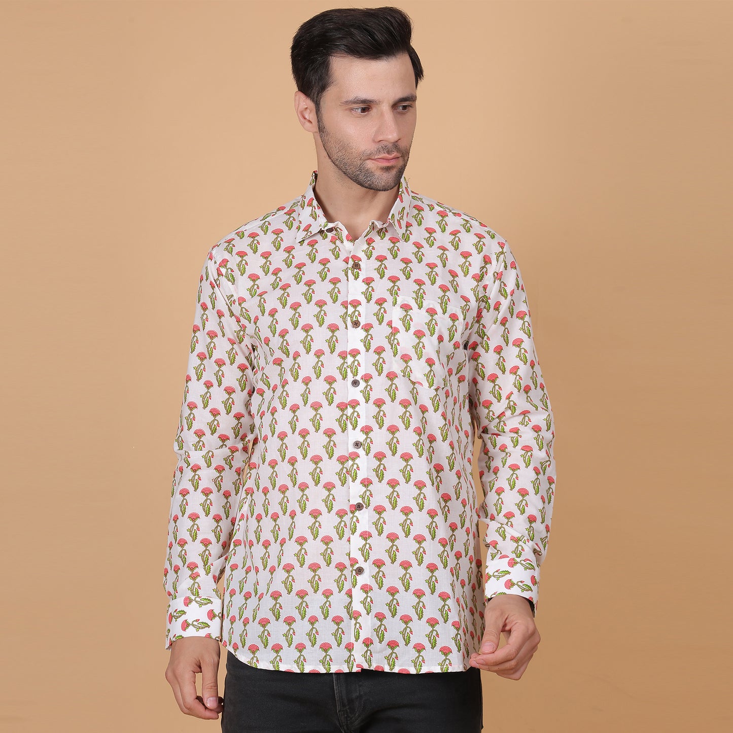 Men's Full-Sleeve Cotton Shirt with Vibrant Floral Screen Print