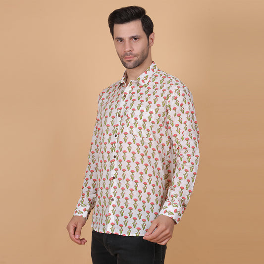 Men's Full-Sleeve Cotton Shirt with Peach Floral Screen Print