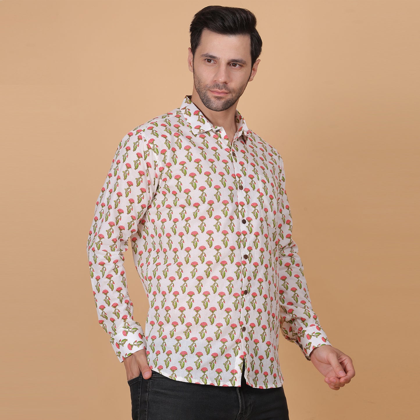 Men's Full-Sleeve Cotton Shirt with Vibrant Floral Screen Print