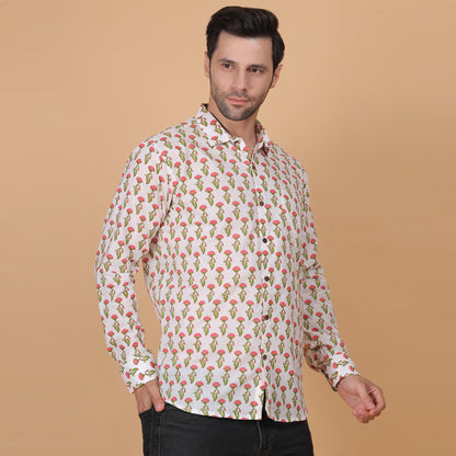 Men's Full-Sleeve Cotton Shirt with Vibrant Floral Screen Print