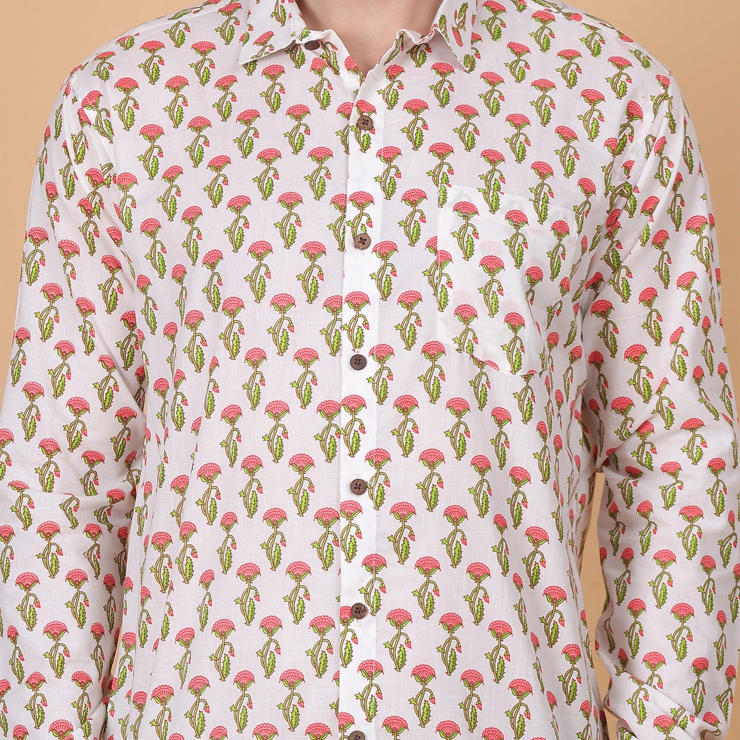 Men's Full-Sleeve Cotton Shirt with Peach Floral Screen Print