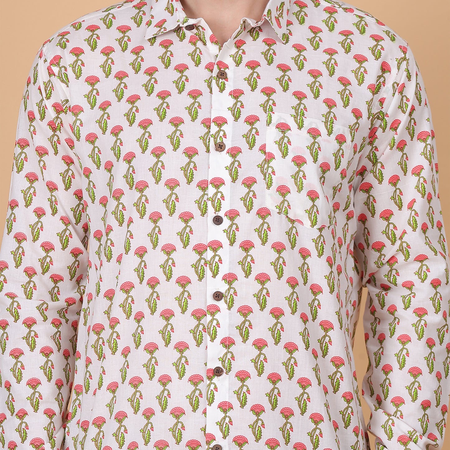 Men's Full-Sleeve Cotton Shirt with Vibrant Floral Screen Print