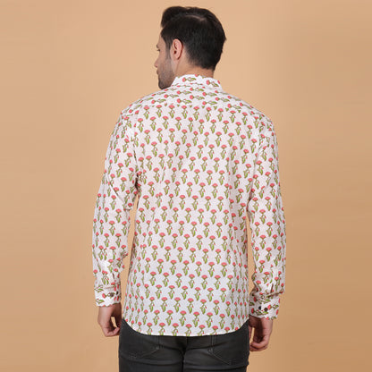 Men's Full-Sleeve Cotton Shirt with Peach Floral Screen Print