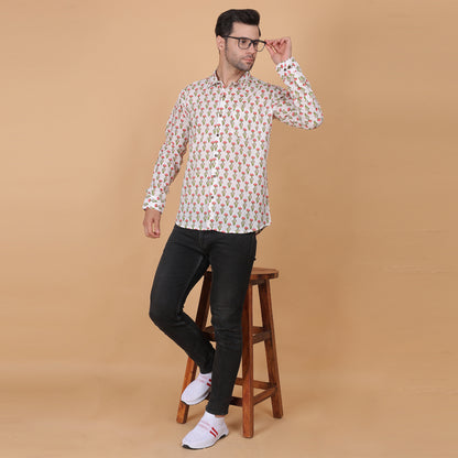 Men's Full-Sleeve Cotton Shirt with Peach Floral Screen Print