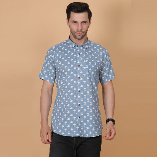 Men's Sky Blue Cotton Half-Sleeve Shirt with White Floral Print