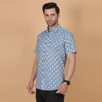 Men's Sky Blue Cotton Half-Sleeve Shirt with White Floral Print