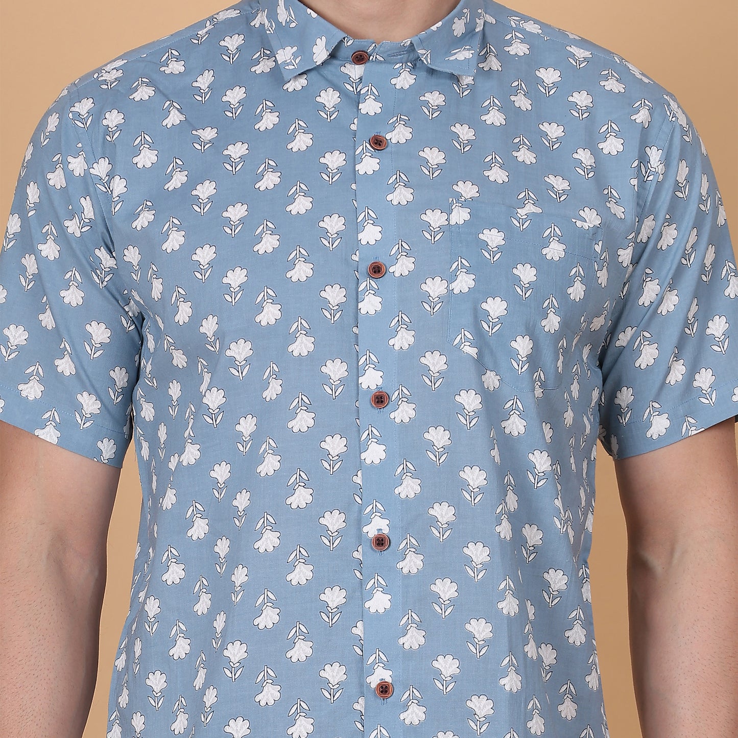 Men's Sky Blue Cotton Half-Sleeve Shirt with White Floral Print