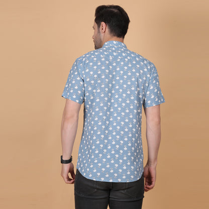 Men's Sky Blue Cotton Half-Sleeve Shirt with White Floral Print