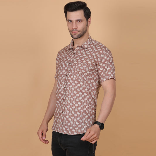 Men's Brown Cotton Half-Sleeve Shirt with Lotus Print