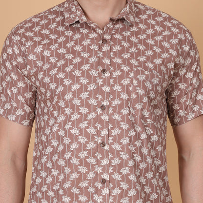 Men's Brown Cotton Half-Sleeve Shirt with Lotus Print