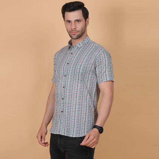 Men's Multicolor Striped Cotton Half-Sleeve Shirt with Heritage Motif