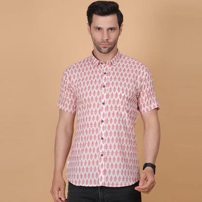 Men's White Cotton Half-Sleeve Shirt with Pink Floral Print