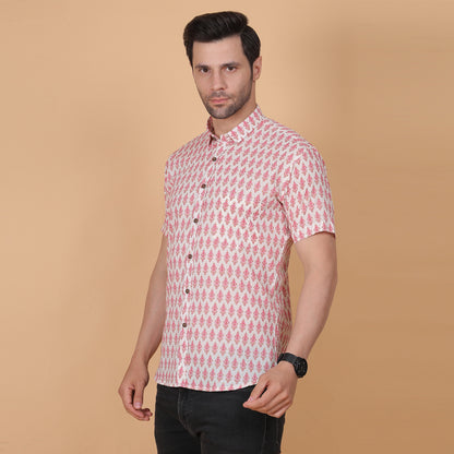 Men's White Cotton Half-Sleeve Shirt with Pink Floral Print