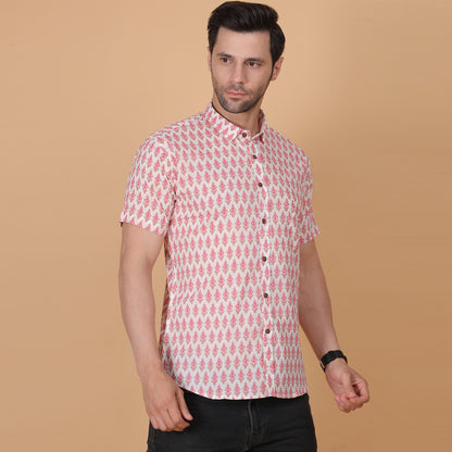 Men's White Cotton Half-Sleeve Shirt with Pink Floral Print