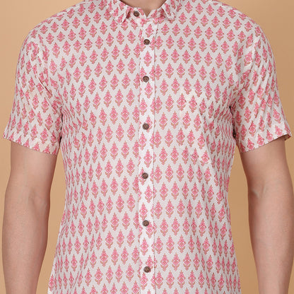 Men's White Cotton Half-Sleeve Shirt with Pink Floral Print